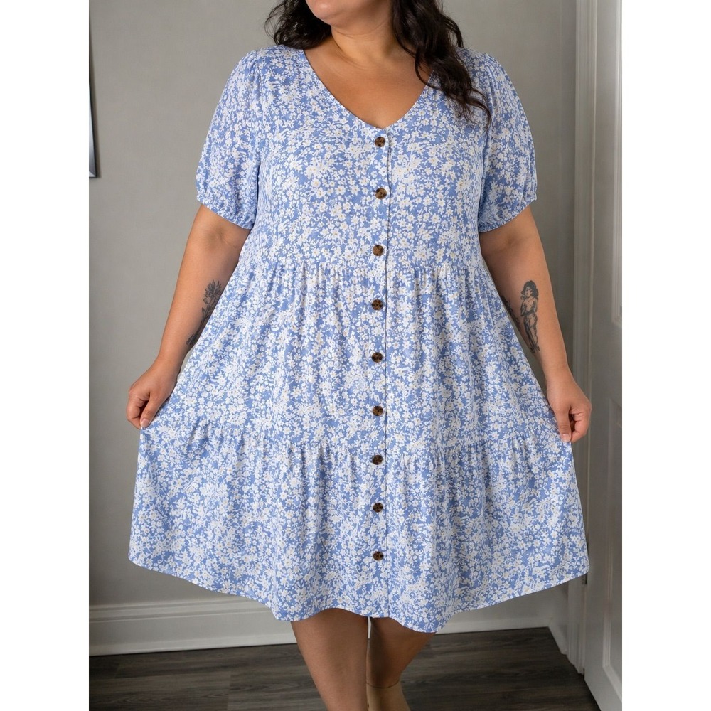 Size 1XL - Indigo Rose floral print button front tiered short sleeve dress
